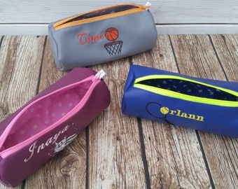 School kit, pencil case, child's pencil case, imitation leather, embroidered pencil case, round pencil case, personalized pencil case