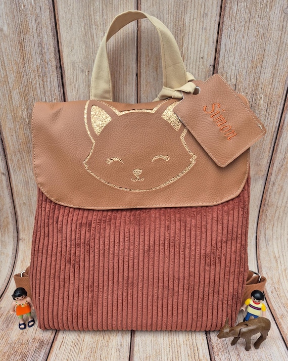 Personalized kids backpack fox – Handmade toddler backpack – Corduroy nursery bag – Unique baby gift