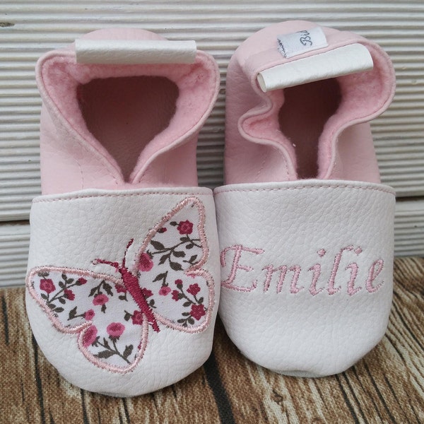 Chaussons souples cuir, chausson bébé, chausson fille, chausson enfant, chausson personnalisé, doublé polaire, papillon