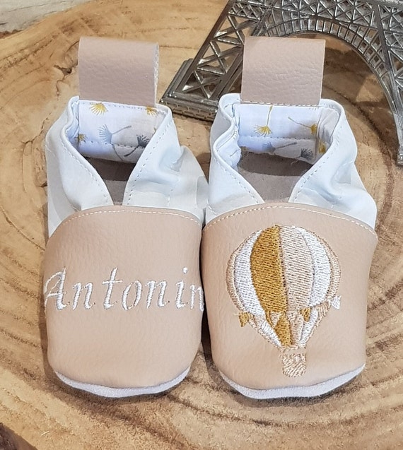 Soft leather slippers, imitation leather, baby slipper, embroidered slippers, personalized slipper, Hot air balloon