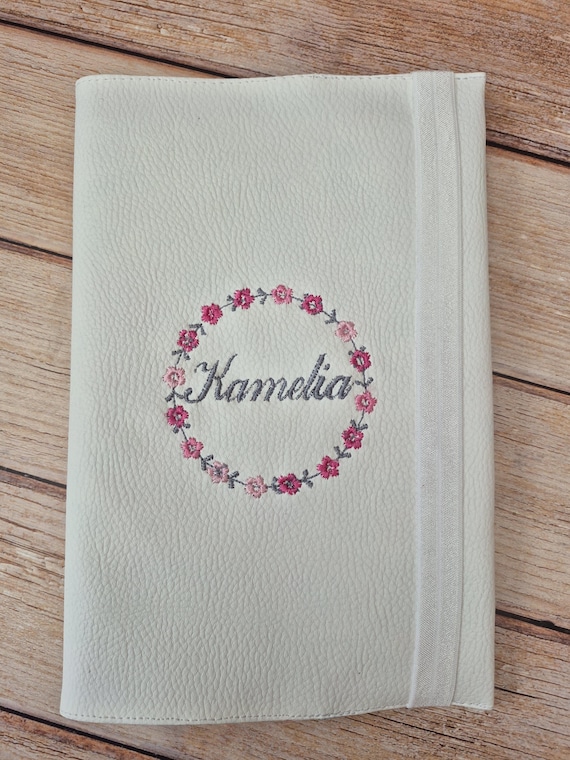 Personalized embroidered health record book cover – Flower & name – Faux leather lined with Liberty print – Made in France