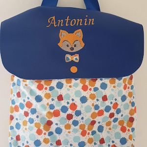 Sac à dos crèche / maternelle simili cuir et coton renard,  fermeture par cordon, personnalisé et brodé