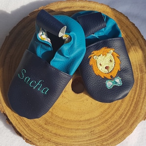 Soft navy blue and petrol leather slippers with embroidered Lion to personalize