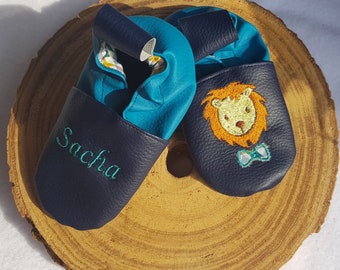 Soft slippers navy blue leather and oil embroidered Lion to customize