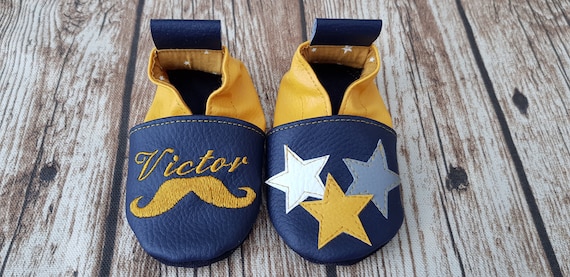 Soft leather slippers, imitation leather, mustard and navy blue, personalized slipper, mustache and stars