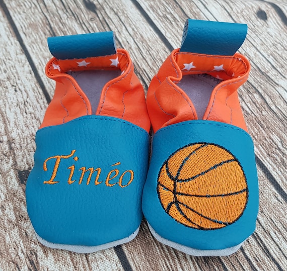 Soft leather slippers petrol blue and orange basketball to customize