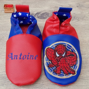 Zacht leren pantoffels, babyslipper, kinderslipper, gepersonaliseerde pantoffel, spider-man Blauw