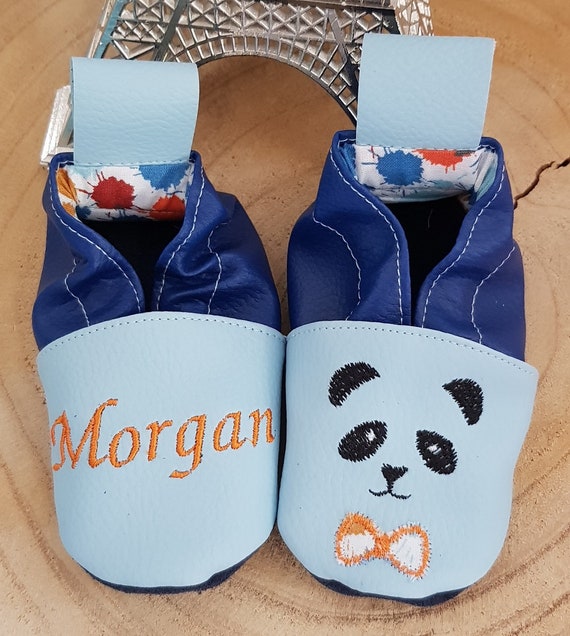 Soft leather slippers, panda and first name, made in France