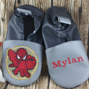 Zacht leren pantoffels, babyslipper, kinderslipper, gepersonaliseerde pantoffel, spider-man Grijs