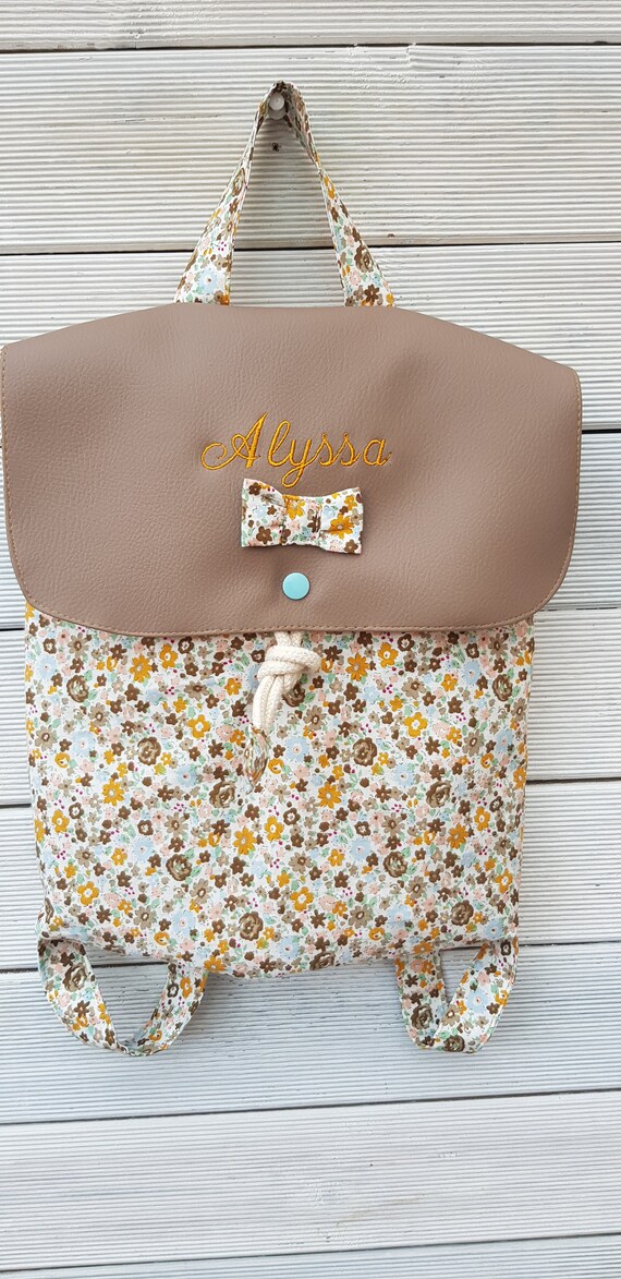 Crib/kindergarten backpack faux leather and limited edition floral cotton, personalized