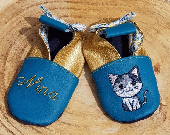 Soft leather slippers, cat, baby slipper, with first name