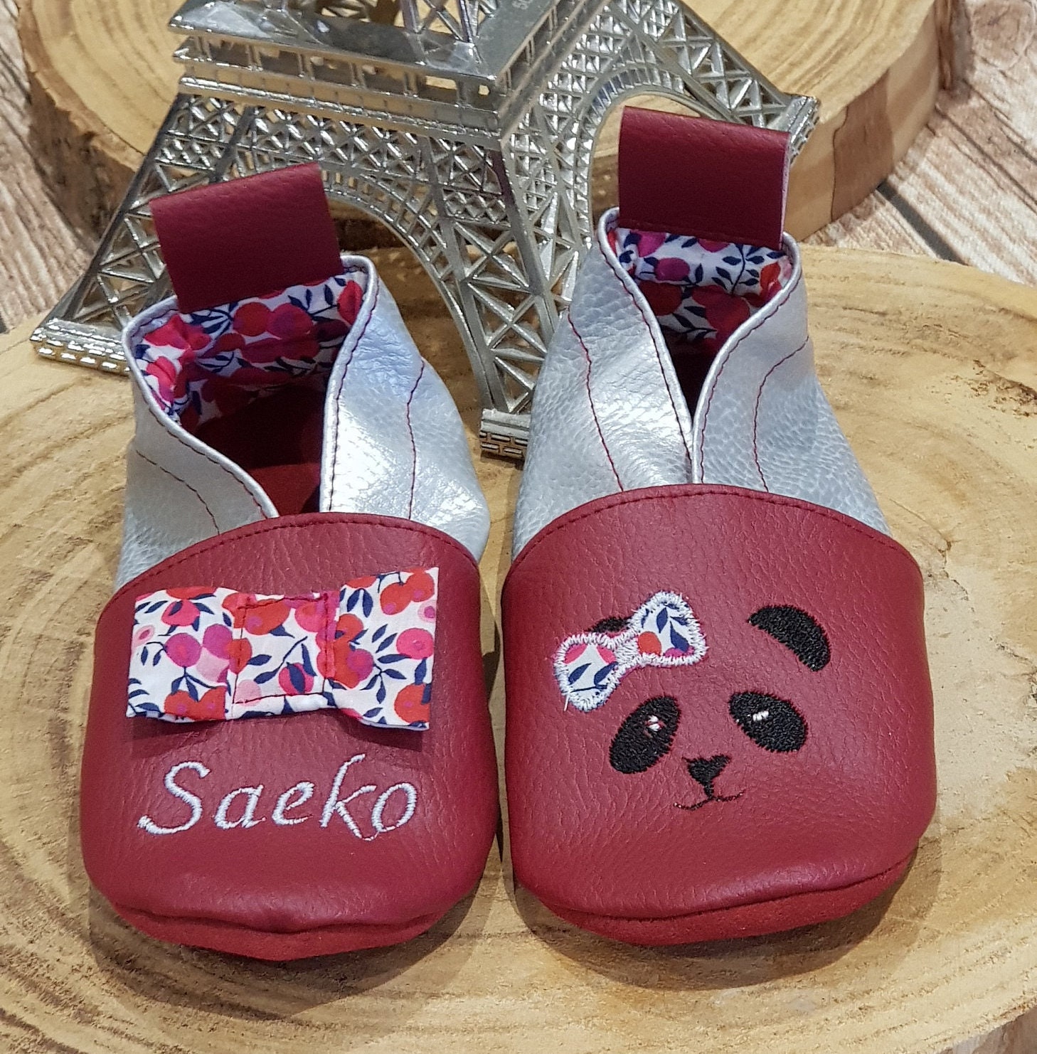 Chaussons bébé en cuir souple et liberty motif étoile personnalisables