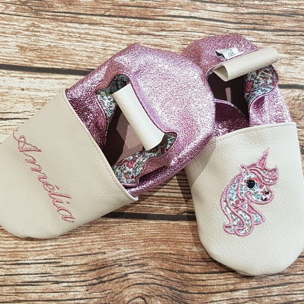 Chaussons souples cuir, licorne, paillette, à personnaliser