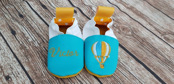 Soft slippers turquoise blue leather, white and mustard embroidered hot air balloon to customize