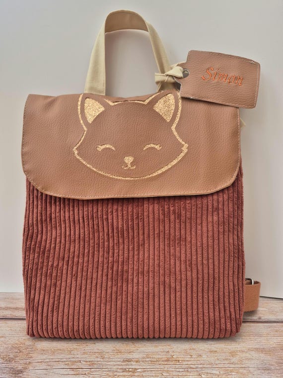 Personalized kids backpack fox – Handmade toddler backpack – Corduroy nursery bag – Unique baby gift