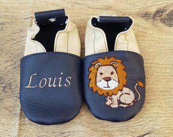 Navy blue and beige leather baby slipper embroidered Lion to personalize