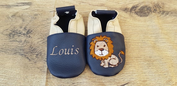 Slippers soft Navy blue leather and beige embroidered Lion to customize