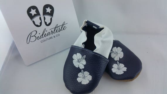 Soft leather slippers, faux leather, baby slipper, boy slipper, girl slipper, child slipper, custom slipper, flower, hibiscus