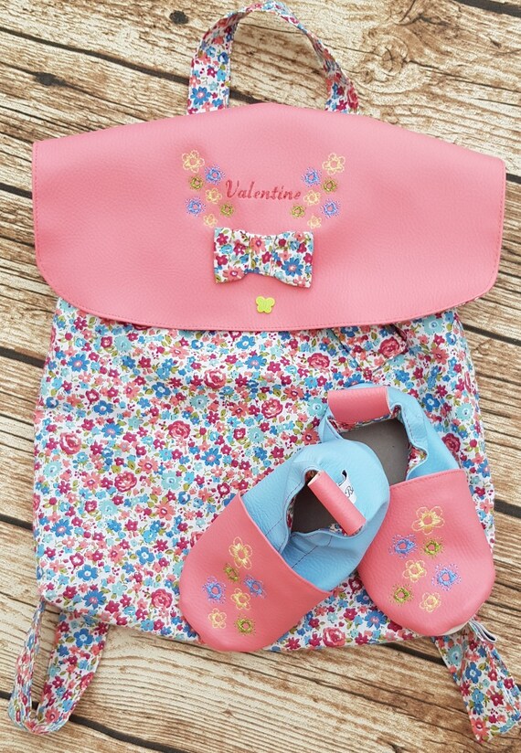 Duo Sac a dos creche maternelle et chaussons cuir et coton edition limitee henriette corail fermeture par cordon personnalise et brode Etsy France