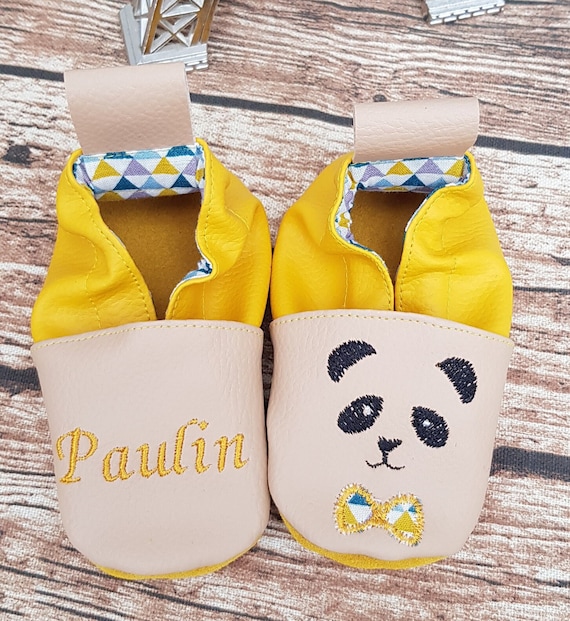 Soft leather slippers, baby, child, panda to personalize with first name