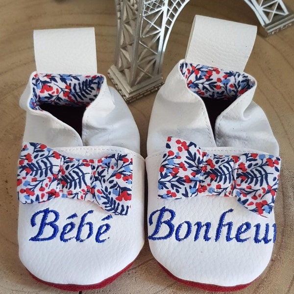 Chaussons souples cuir, simili cuir, chausson bébé, chausson fille, chausson enfant, chausson personnalisé, noeud liberté