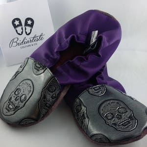 Chaussons souples cuir, chaussons adulte, tête de mort Violet