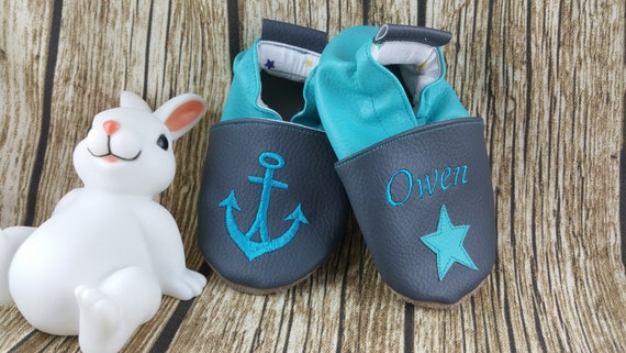 Soft leather slippers, imitation leather, baby slipper, boy slipper, girl slipper, child slipper, personalized slipper, anchor, navy