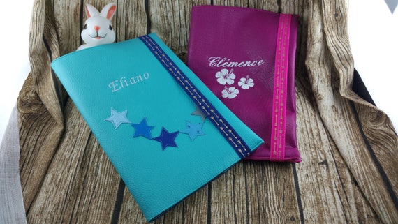 Protects leather-like health book, girl or boy, embroidered, personalized