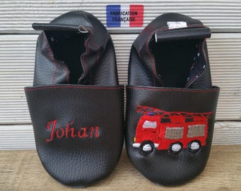 Chaussons souples cuir, simili cuir, chausson bébé, chausson garçon, chausson fille, chausson enfant, chausson personnalisé, pompier