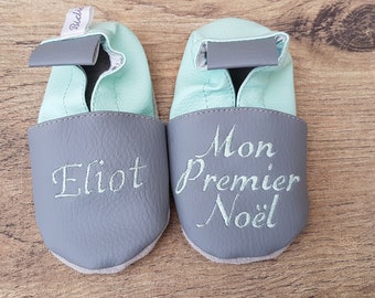 Chaussons souples cuir, simili cuir, chausson bébé, Mon premier Noël à personnaliser