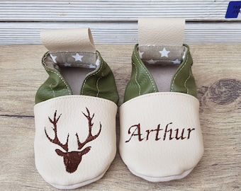 Soft slippers leather, imitation leather, beige and khaki, deer head, to customize