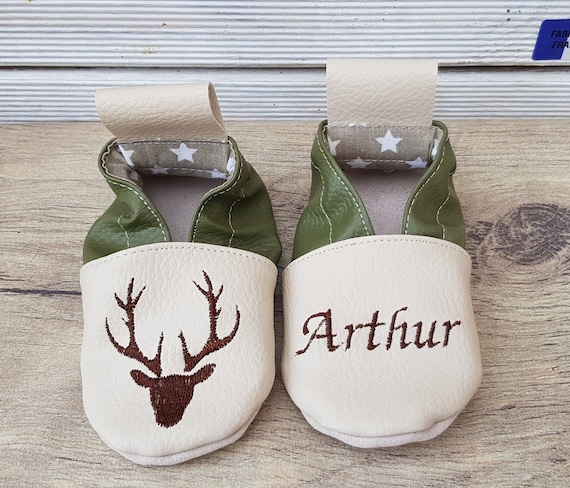 Soft leather, imitation leather, beige and khaki slippers, deer head, to personalize