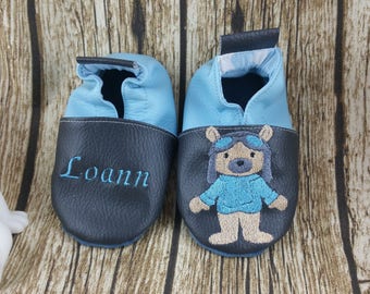 Chaussons souples ourson, aviateur à personnaliser