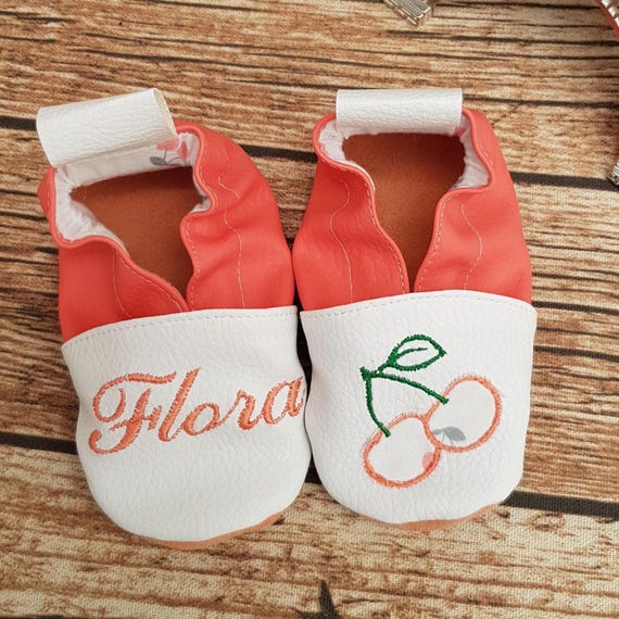 Soft leather slippers, baby slippers, boy's, girl's, child's, personalized slippers - cherry