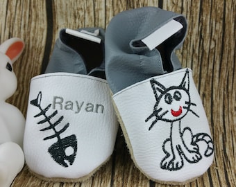 Soft leather slippers, baby, child, personalized slipper, funny cat