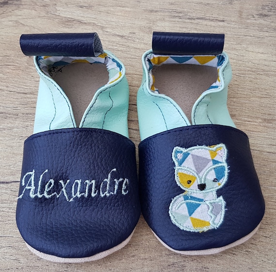 Soft leather slippers, imitation leather, navy blue and water green limited edition, custom slipper, fox