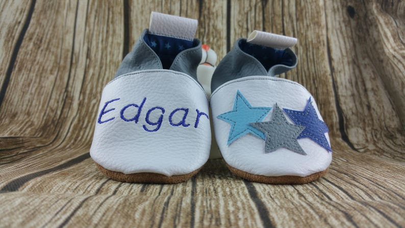 Zachte leren pantoffels, imitatieleer, babyslippers, jongensslippers, meisjesslippers, kinderslippers, gepersonaliseerde pantoffel, sterren afbeelding 3