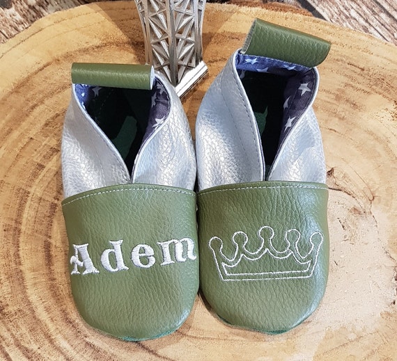 Soft leather slippers, baby slippers, khaki and silver, crown, customizable