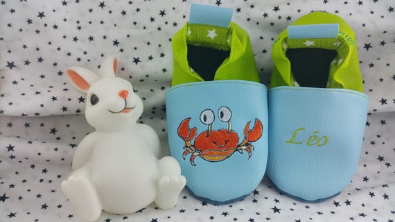Soft leather slippers, faux leather, baby slipper, boy slipper, girl slipper, child slipper, custom slipper, crab