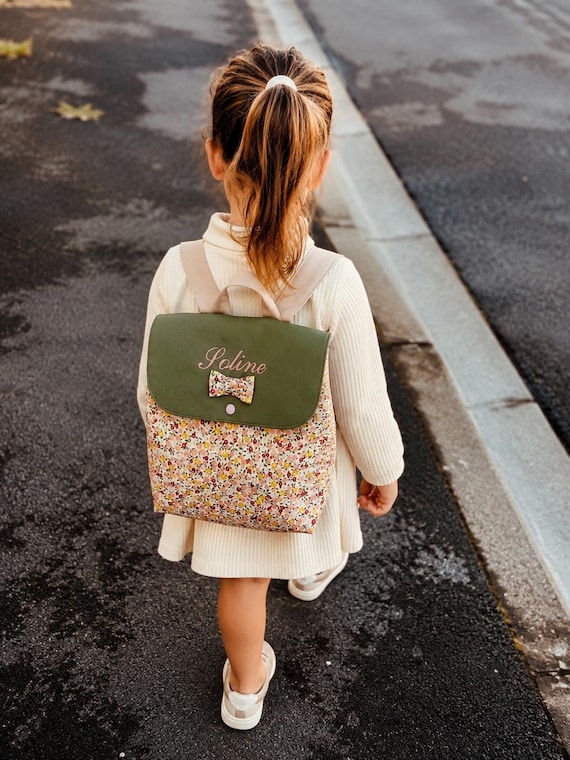 Limited edition faux leather and cotton nursery/preschool backpack, drawstring closure, personalized and embroidered