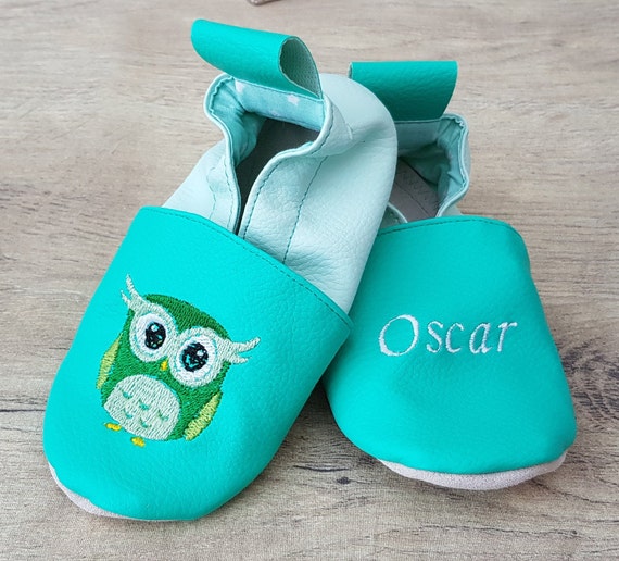 Soft leather slippers, imitation leather, lagoon green and water green, custom slipper, owl / owl