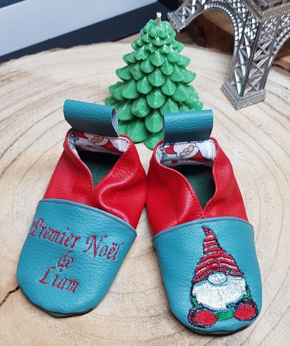 Soft leather baby slippers, first Christmas and elf