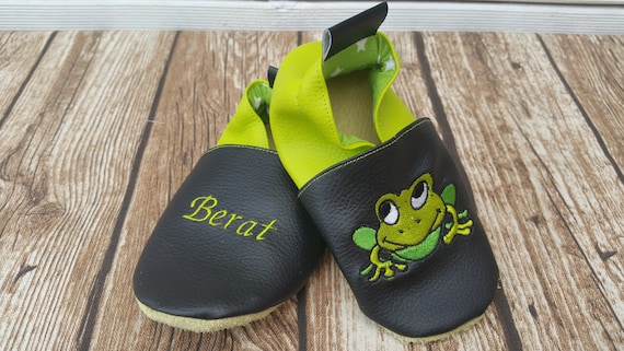 Soft leather slippers, imitation leather, baby slipper, boy slipper, girl slipper, child slipper, personalized slipper, frog