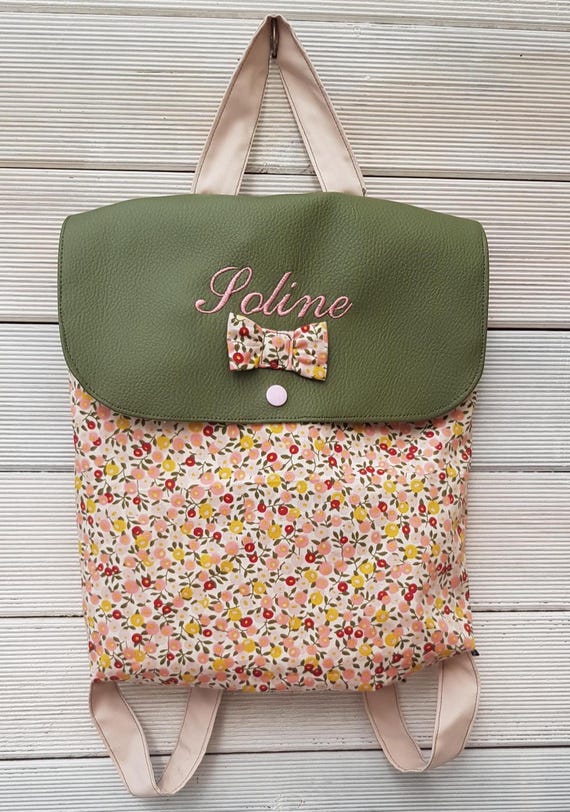 Personalized nursery backpack – Embroidered first name – Cotton & faux leather – Adjustable straps
