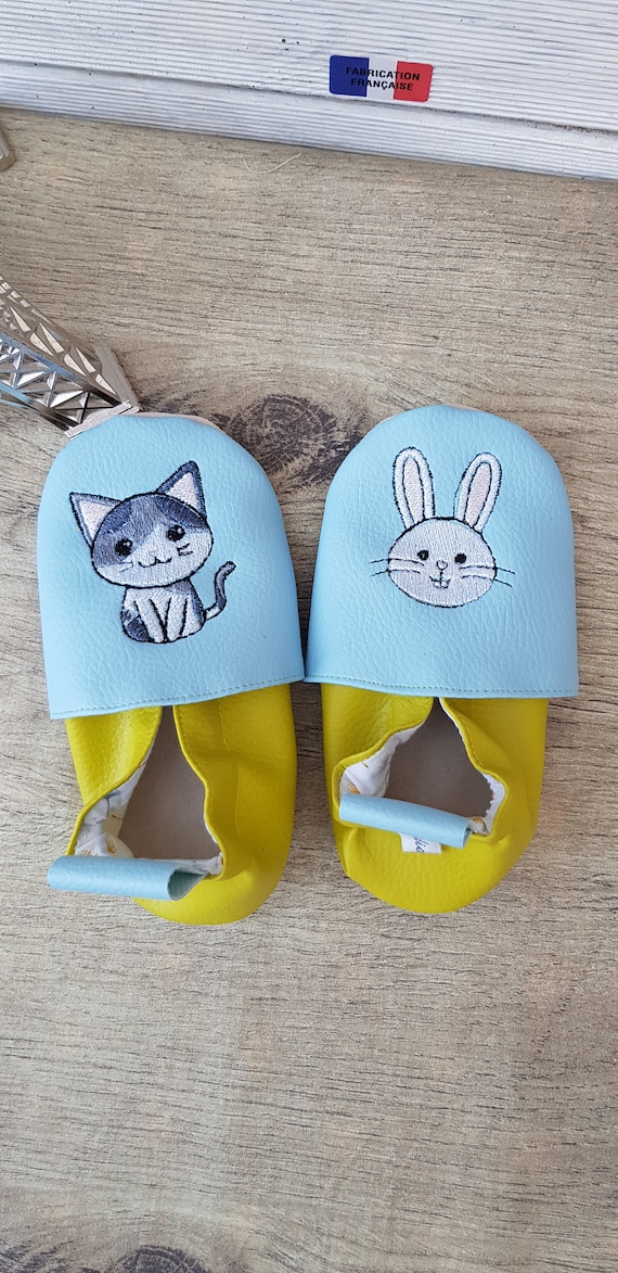 Soft leather slippers, cat, rabbit, green and blue, children's slippers, personalized slippers,