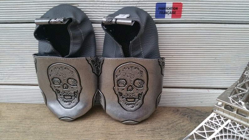 Chaussons souples cuir, chaussons adulte, tête de mort image 5