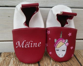 Chaussons souples cuir, simili cuir, chausson bébé, chausson garçon, chausson fille, chausson enfant, chausson personnalisé, licorne