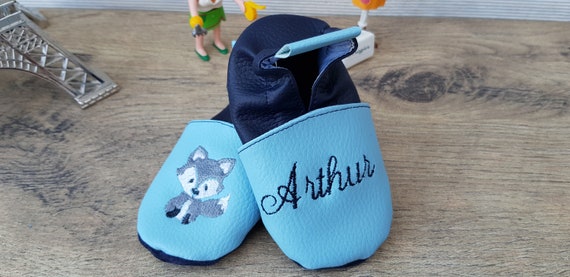 Soft leather slippers, imitation leather, sky blue and navy blue, personalized slipper, little wolf, gray fox