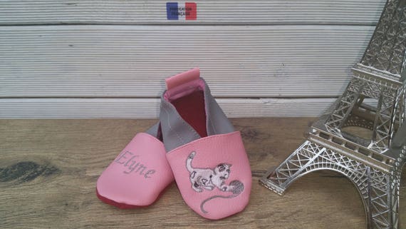 Soft leather slippers, cat, baby, child, with first name