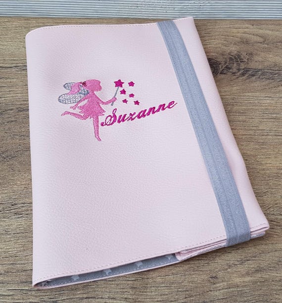 Embroidered personalized health record book cover – fairy & name – Faux leather with cotton lining – Made in France